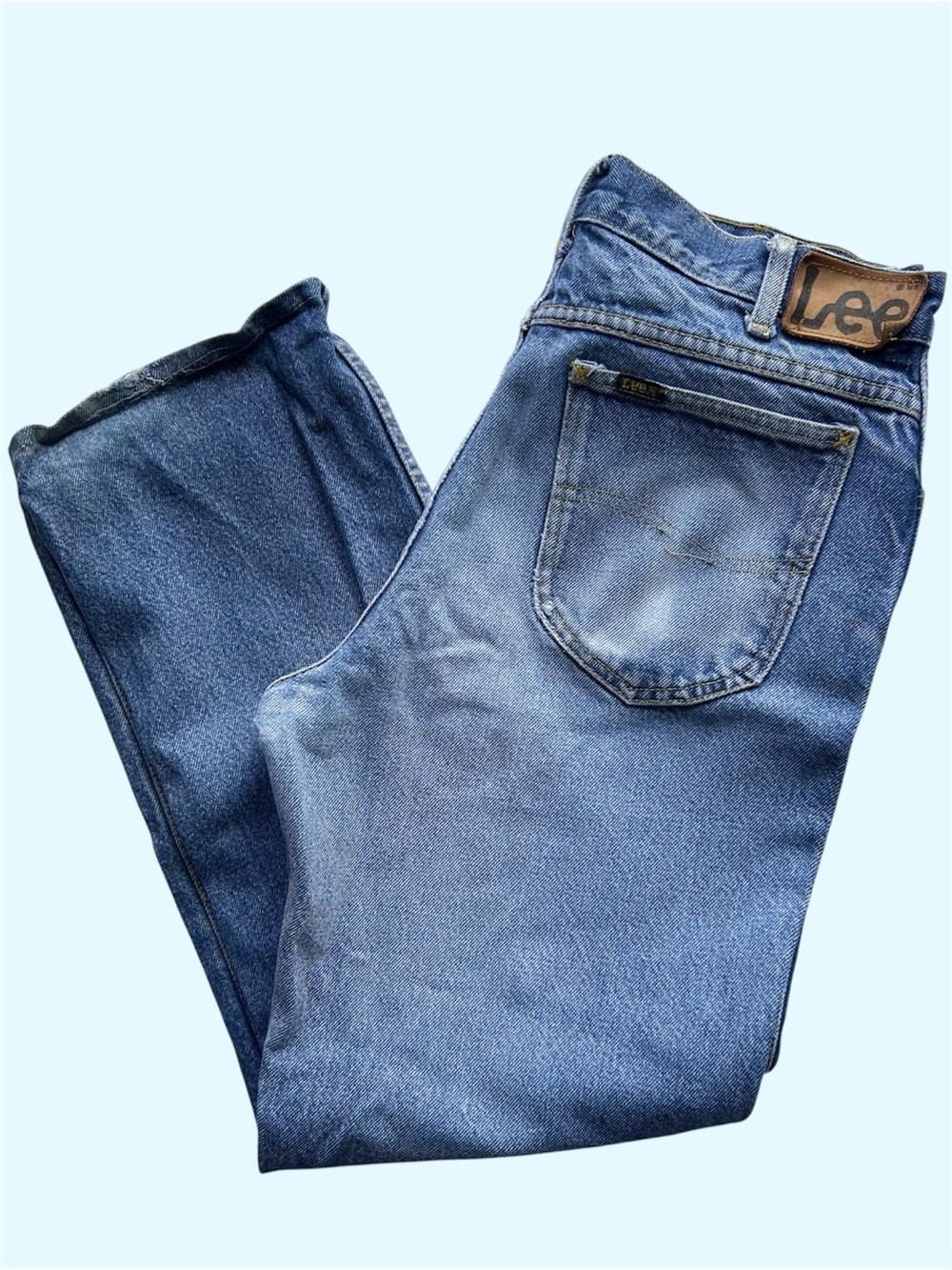 Vintage 80s Lee 31x27 (actual) Denim Jeans Distressed Faded Patched Whiskered
